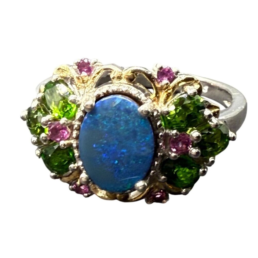 New STS 925 Sterling Silver Rhinestone Emerald Garnet Opal Cocktail Ring Size 10